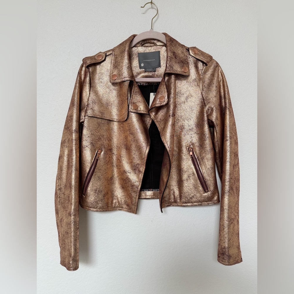Anthropologie NWT Brisa Metallic Faux Leather Moto Jacket Rose Gold | Size M